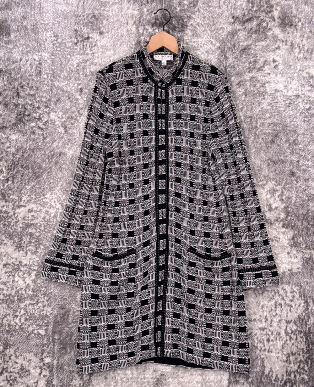 St John Coat 14 Womens Santana Knit Black & White Checkered Jeweled Long Jacket